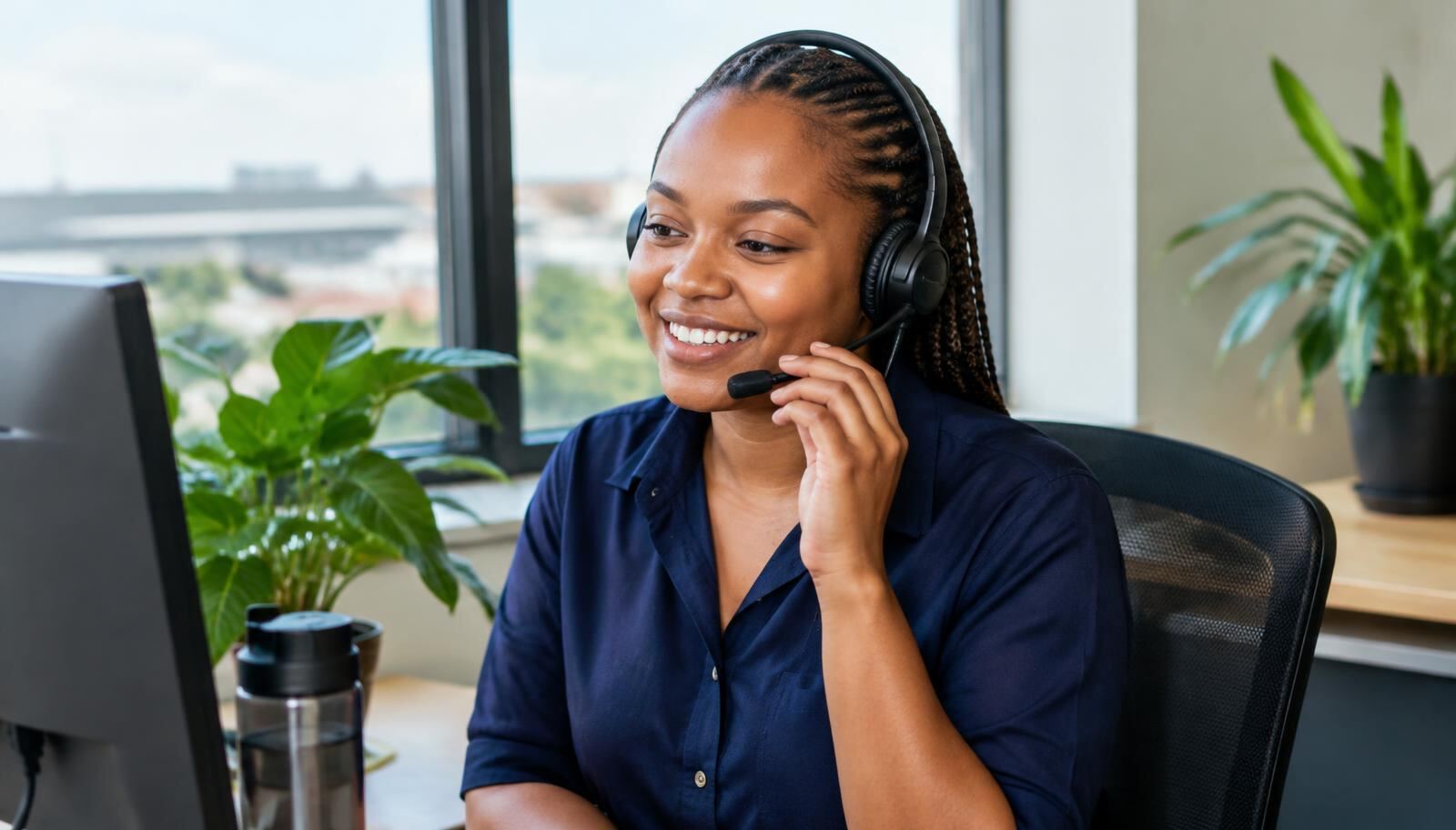 Smiling broker on a call at her desk