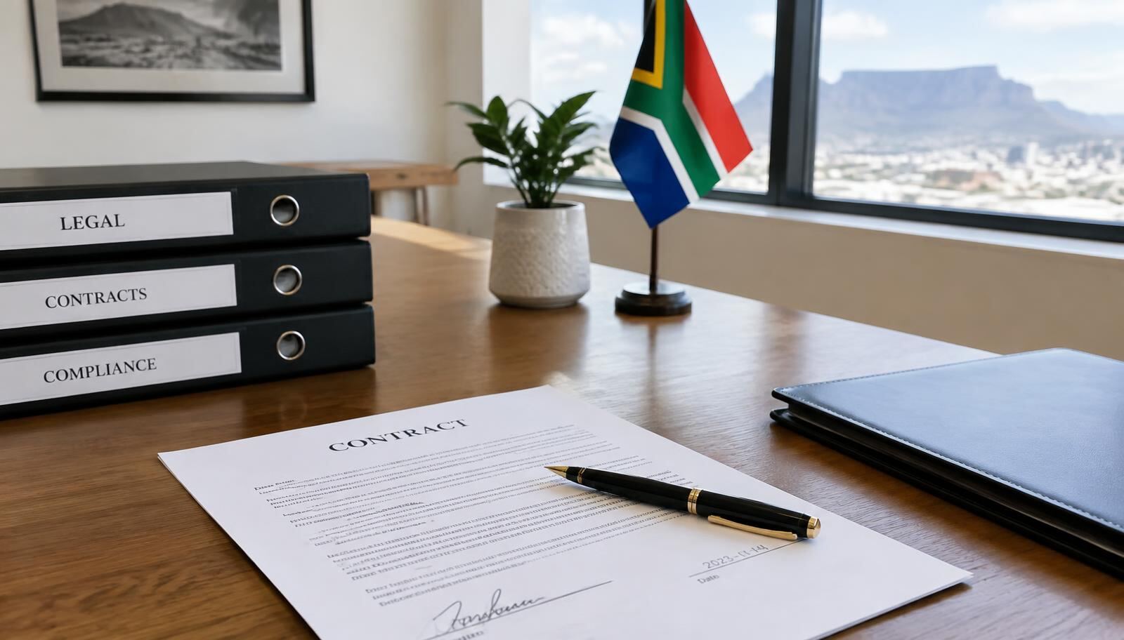 Signed document and legal files on an office desk
