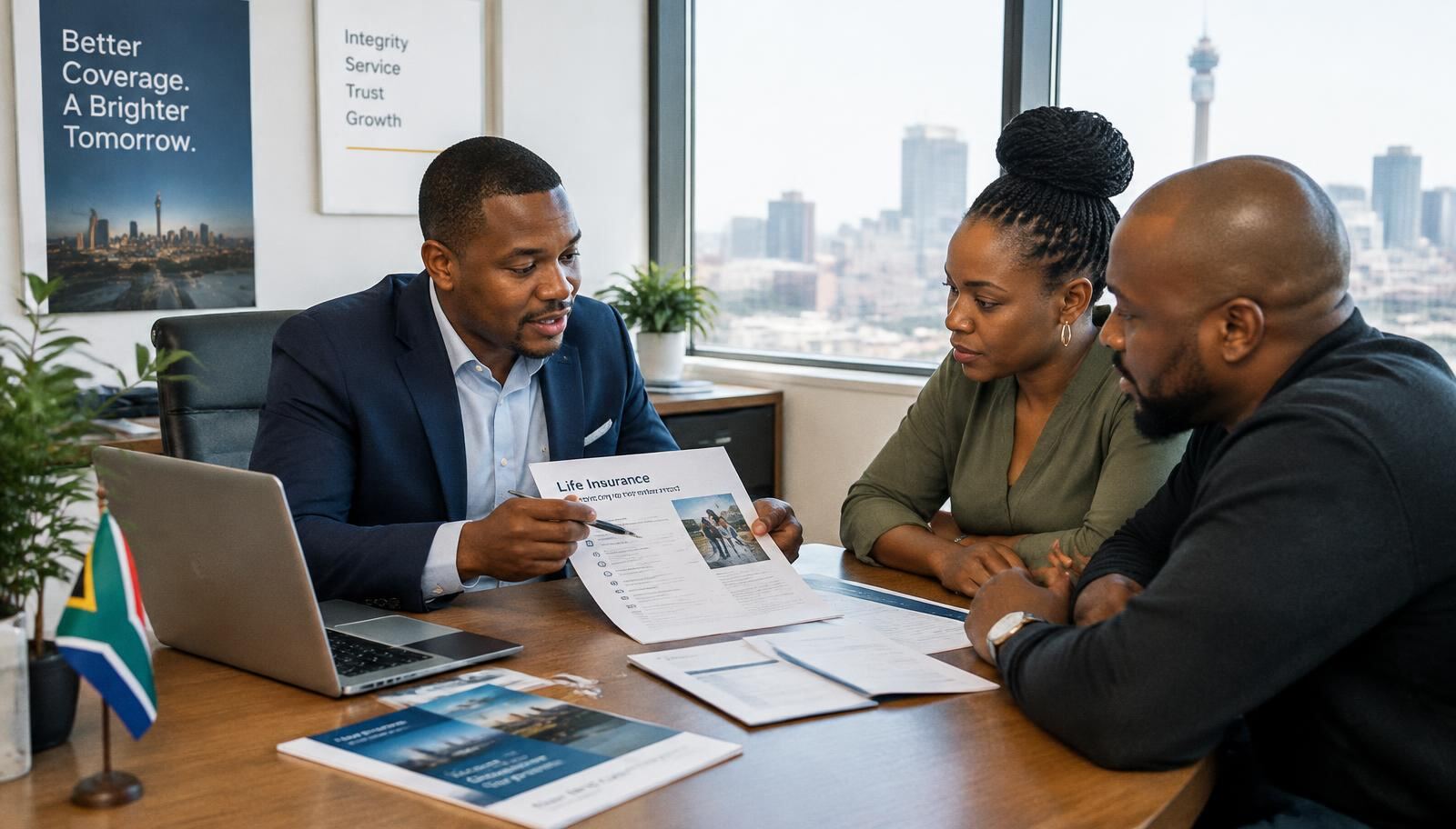 Insurance broker explaining a policy to clients in a Johannesburg office