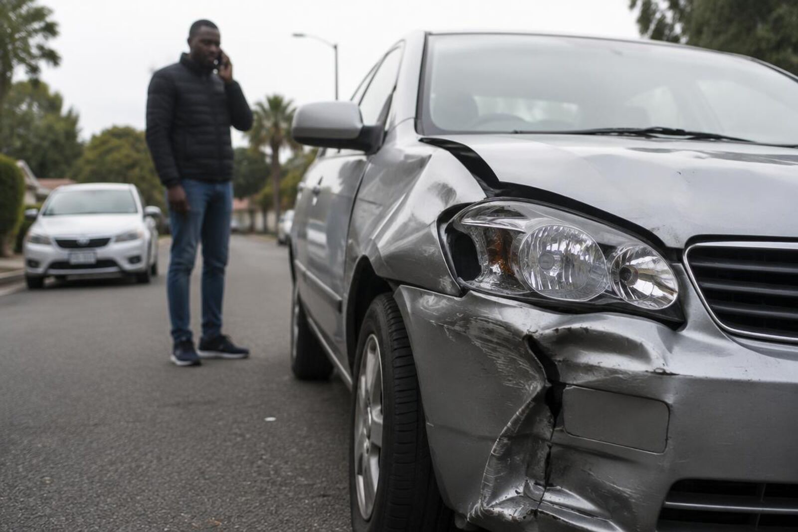Driver on the phone beside a damaged car after a minor accident